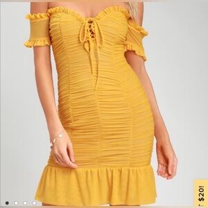 Lulu's Bright Yellow Ruched Off-Shoulder Mini Dress